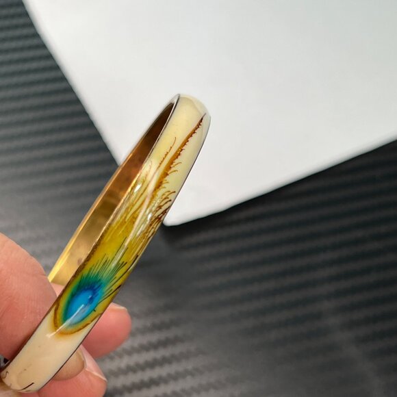 Vintage Enamel Peacock Feather Bangle Gold-Tone Bracelet Cream Blue Green - Picture 7 of 11